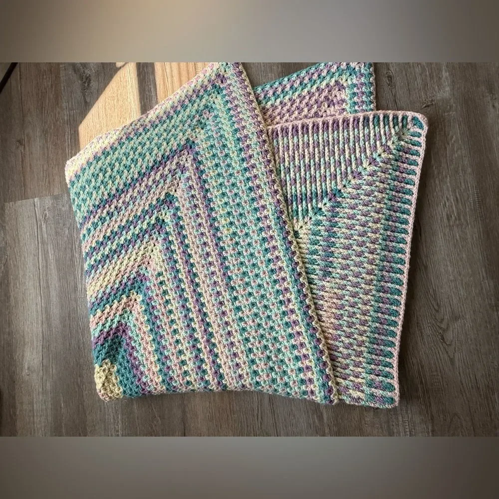 VTG 70s Afghan Blanket Crochet Hippie Boho Multi Color Handmade Blue Pink Cream